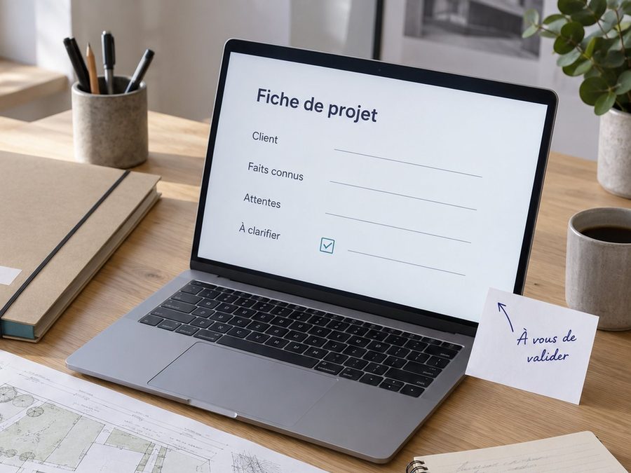 Ordinateur portable affichant une fiche de projet, à côté de plans et de notes