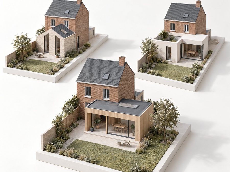 Trois maquettes de la même maison avec trois extensions différentes