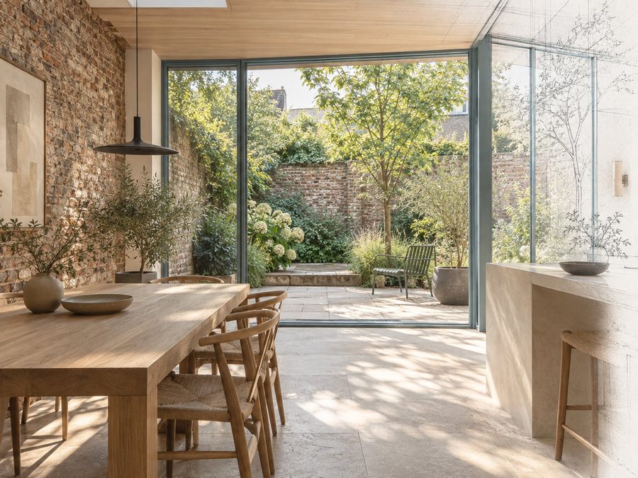 Extension vitrée sur un jardin, moitié rendue, moitié dessinée