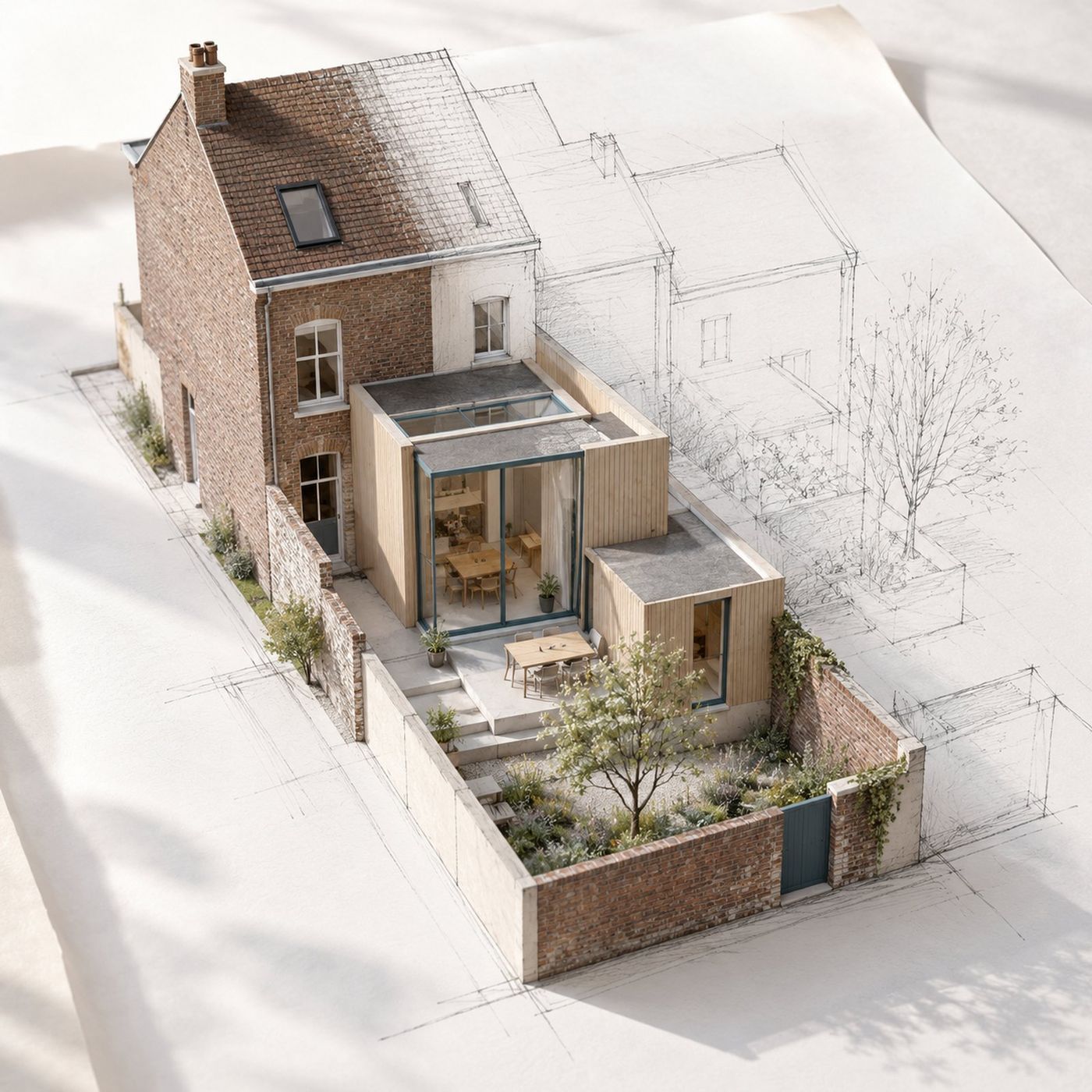 Maison de ville en briques avec extension en bois : la moitié gauche est réalisée, la moitié droite reste à l’état de croquis