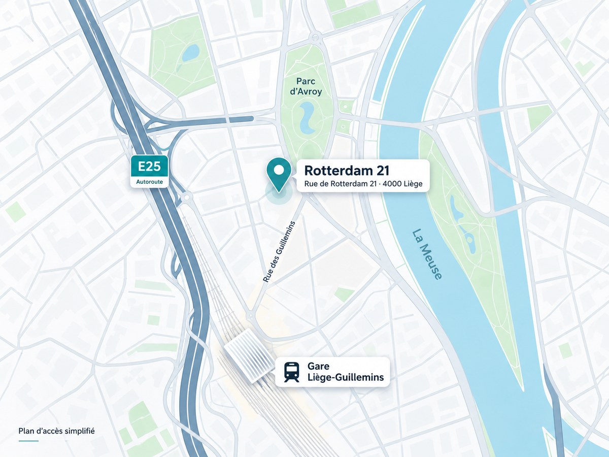 Plan d’accès simplifié : Rotterdam 21 entre le parc d’Avroy, la gare Liège-Guillemins et l’autoroute E25