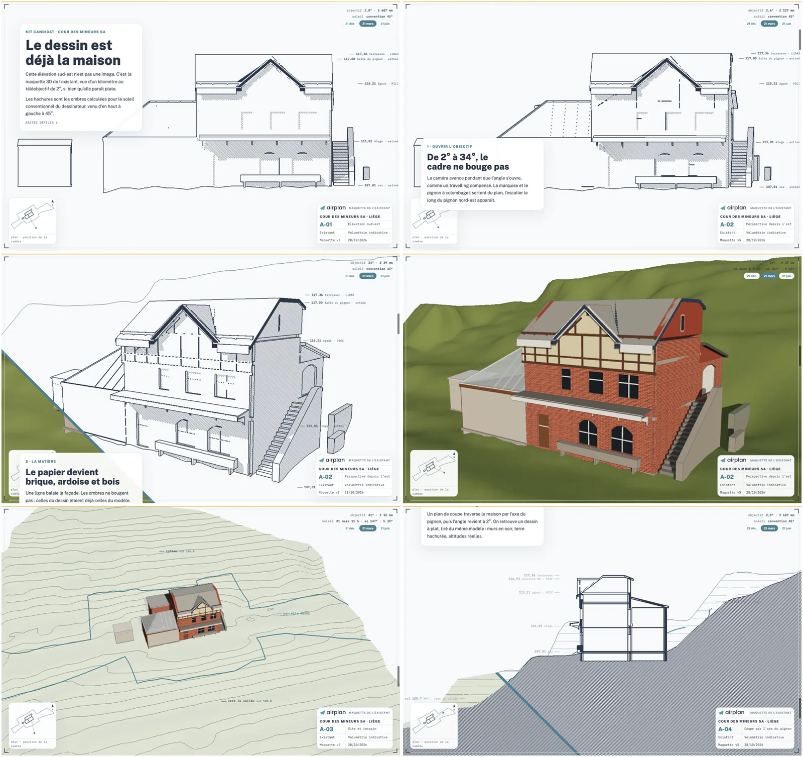 Six captures de la page en relief au défilement. 1 : élévation sud-est au trait, ombres hachurées. 2 : l'objectif s'ouvre, le cadre ne bouge pas. 3 : un balayage change le papier en matière. 4 : la maison en brique, ardoise et bois. 5 : la caméra recule sur le terrain en courbes de niveau. 6 : la coupe par l'axe du pignon.