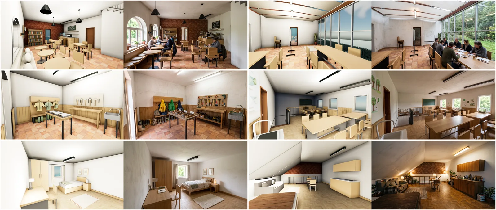 Six paires d'images : pour chaque pièce, la capture de la maquette à gauche et le rendu généré par IA à droite. Café, salle polyvalente, atelier, classe, chambre, logement sous combles.