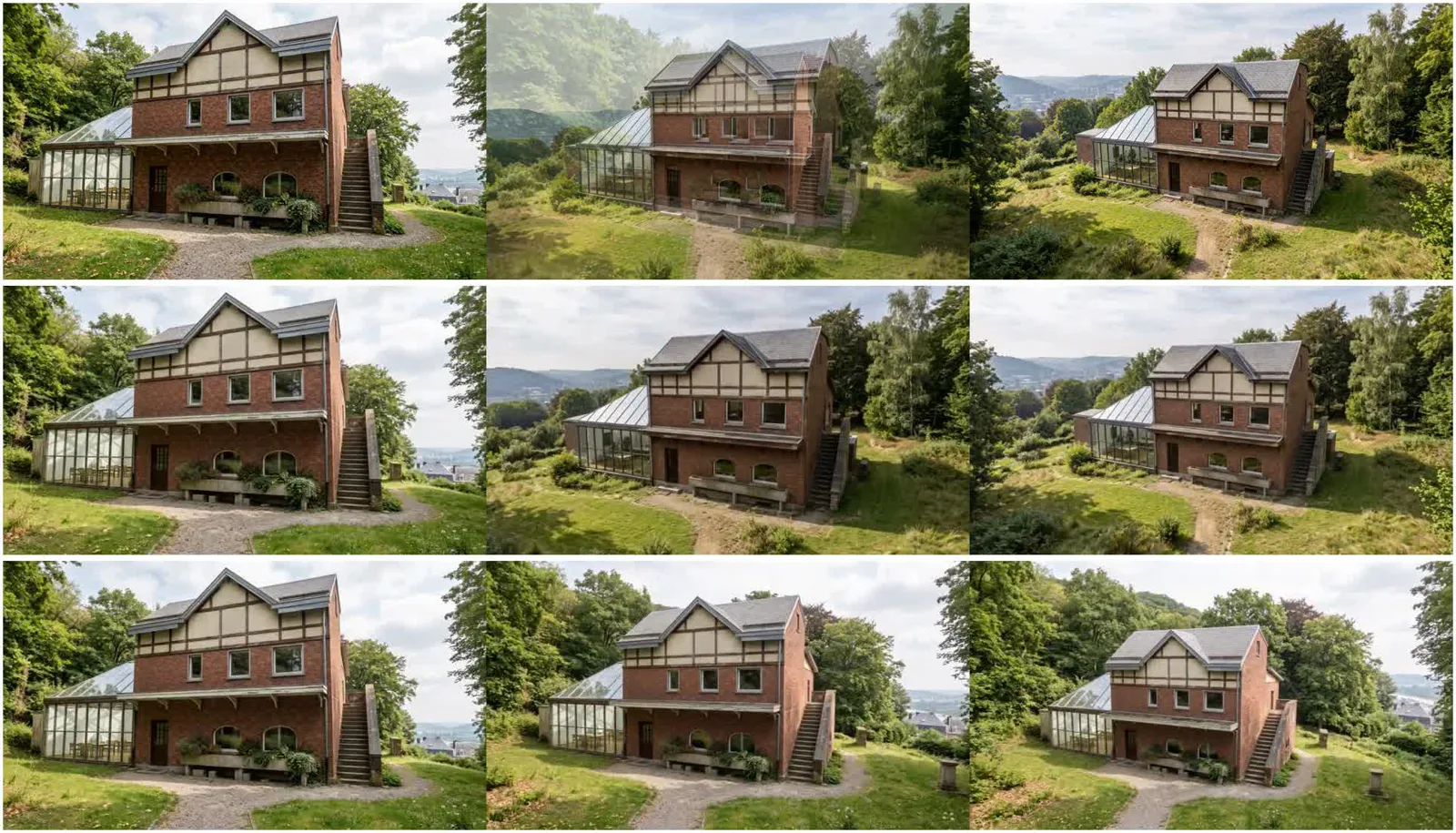 Neuf images extraites de trois vidéos, à 0, 4 et 7,5 secondes. Ligne 1, H3 Max : à mi-parcours, deux maisons se superposent en transparence. Ligne 2, Seedance 2.5 avec les premières images clés : à mi-parcours, la scène a changé de cadrage. Ligne 3, Seedance 2.5 avec l'image de fin rendue à partir de l'image de début : le recul est continu.