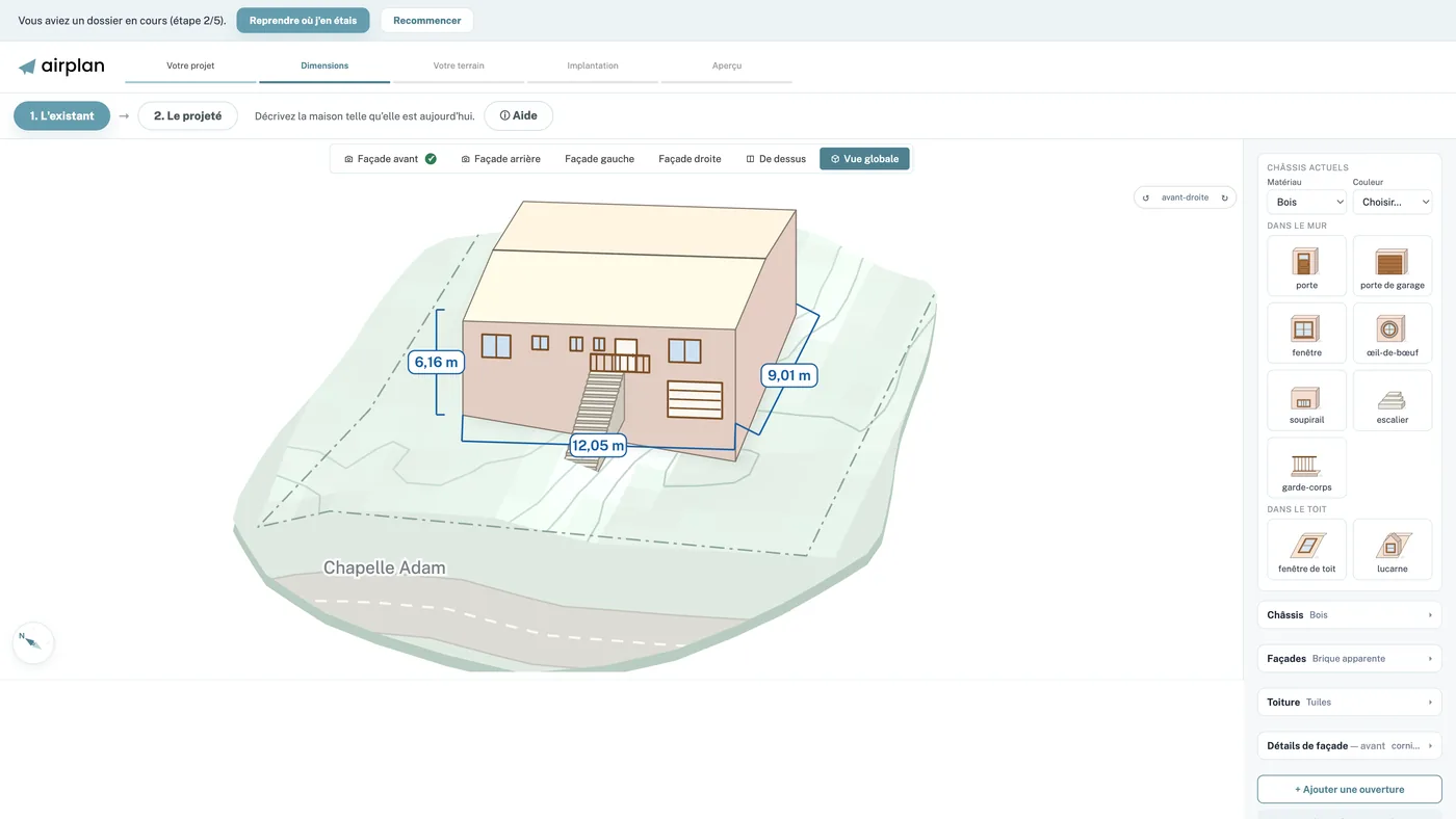 Éditeur de plans : vue 3D de la maison sur sa parcelle, avec la rue Chapelle Adam et les cotes du bâtiment