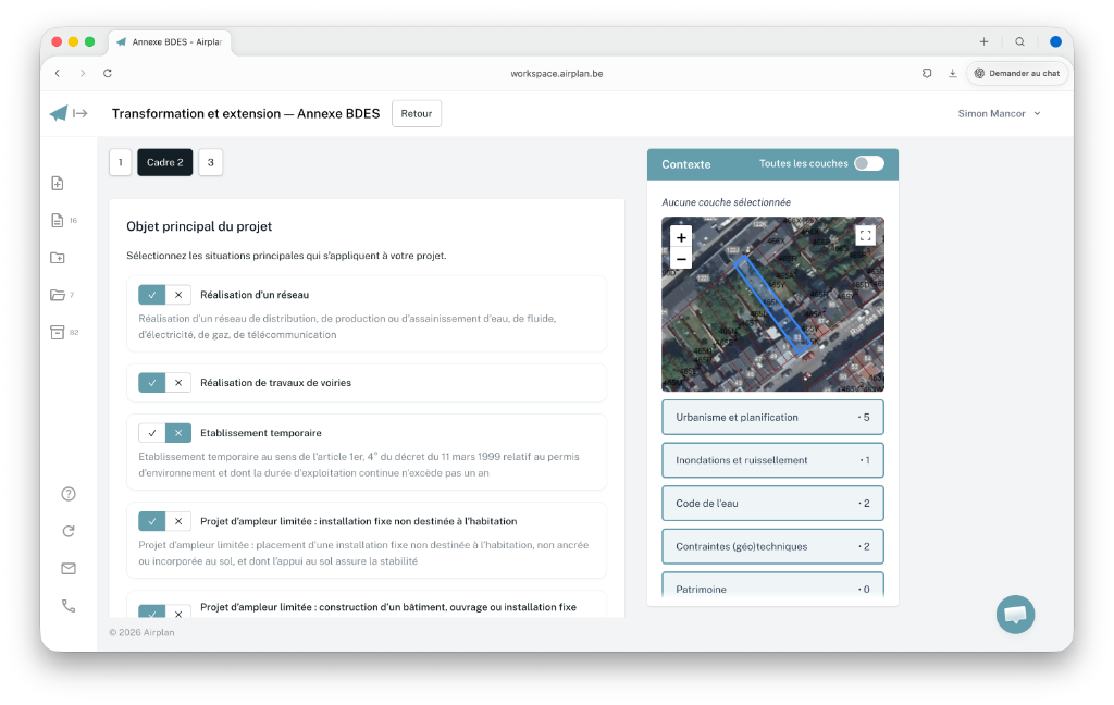 Interface Airplan — Annexe BDES, Cadre 2 avec sélection des objets du projet et couches wallonnes