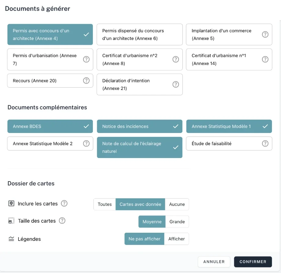 Page de sélection des documents à générer