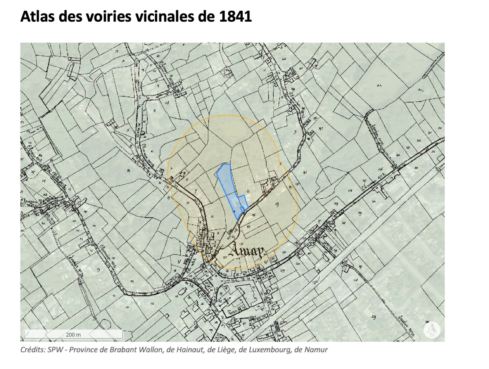 Extrait de l'Atlas des voiries vicinales de 1841 autour d'Amay, avec la parcelle du projet localisée en bleu