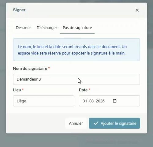 Onglet Pas de signature de la fenêtre Signer