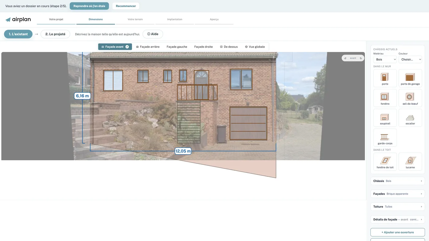 Éditeur de plans : façade avant décalquée sur la photo de la maison, avec ses cotes et la palette d'ouvertures