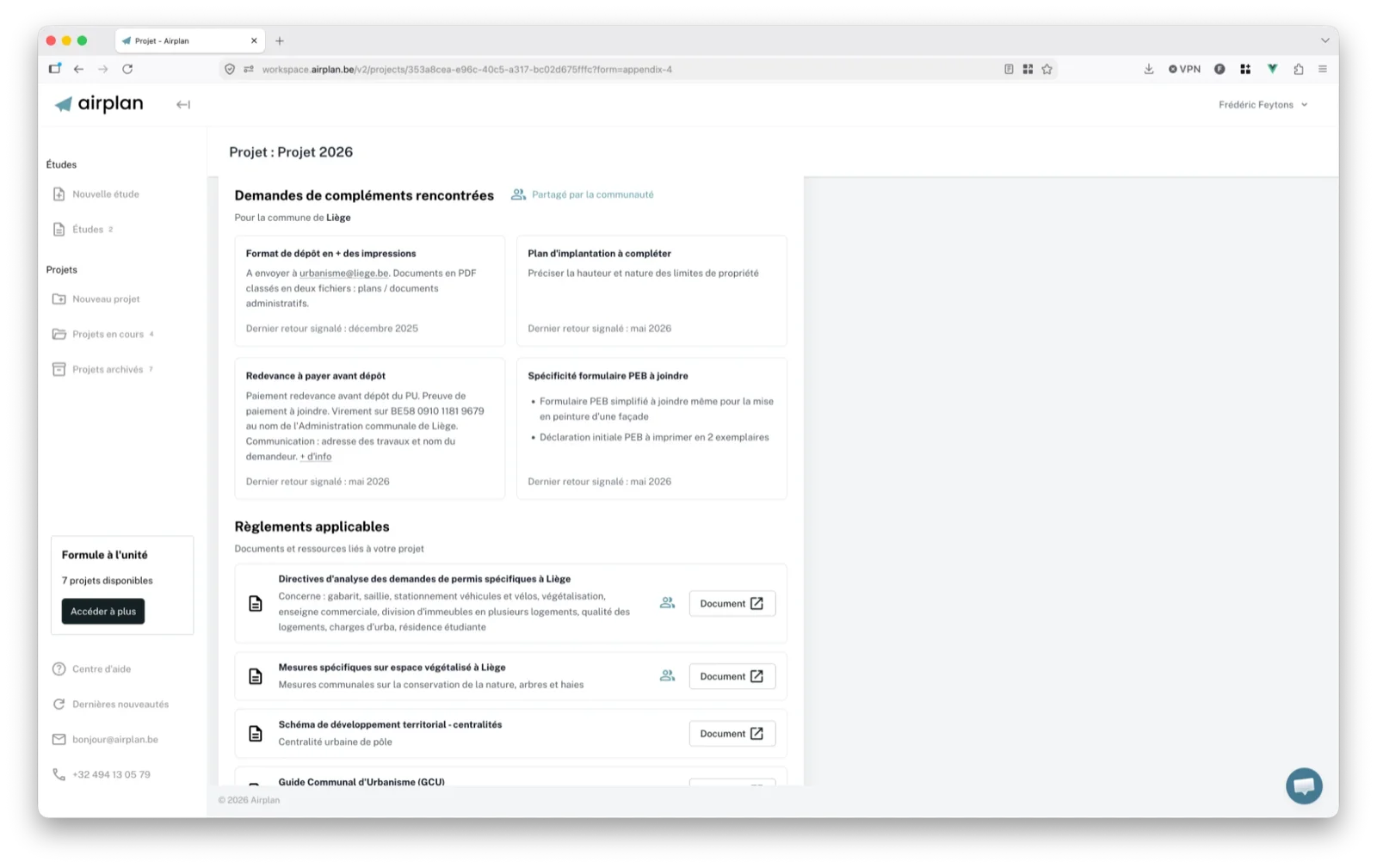Page projet Airplan : bloc « Demandes de compléments rencontrées » partagé par la communauté pour la commune de Liège, suivi de la section « Règlements applicables »