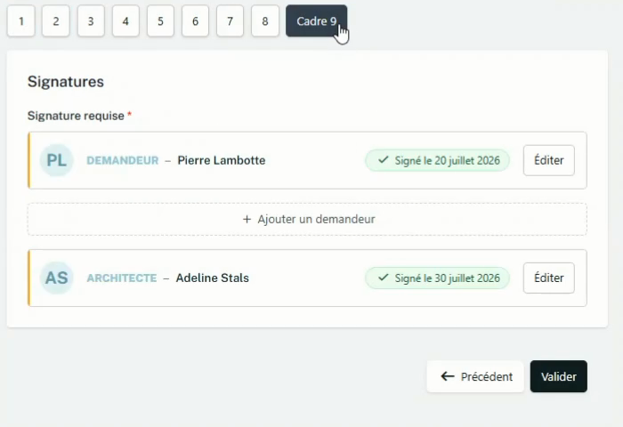 Cadre Signatures avec le bouton Ajouter un demandeur