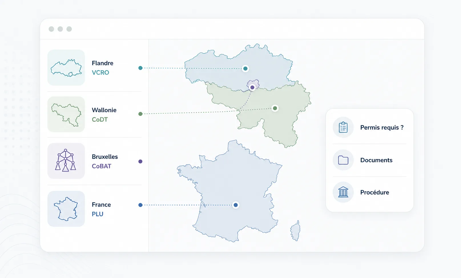 Carte des régions couvertes par Airplan — Wallonie, Bruxelles et France