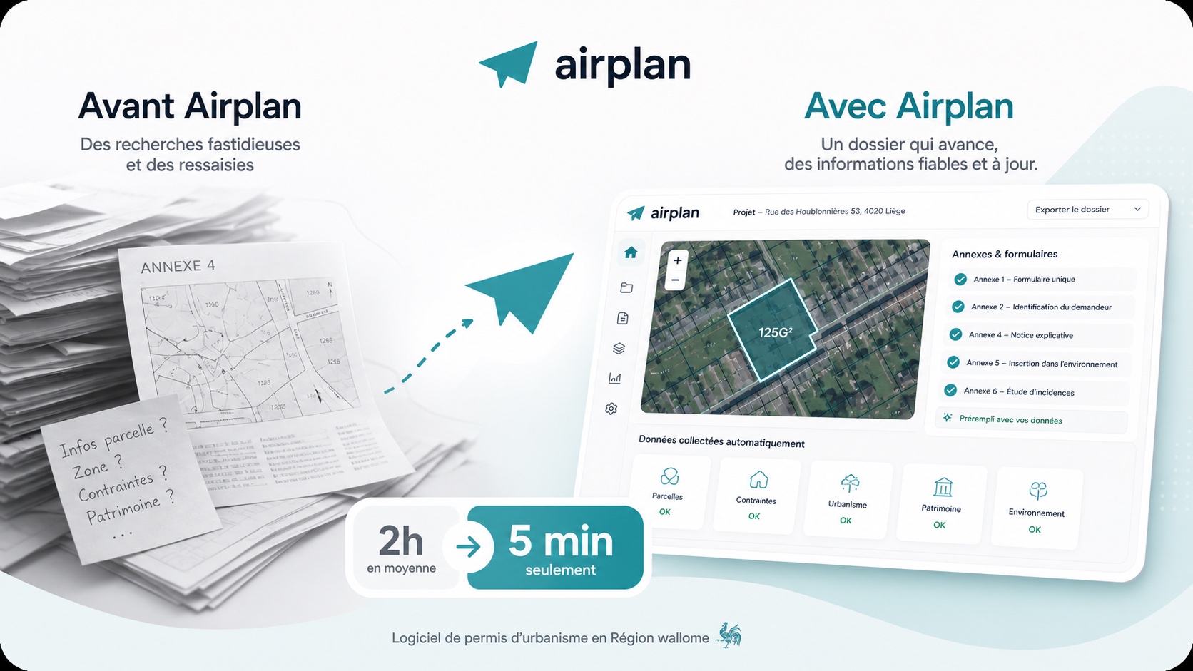 Airplan-Oberfläche zur Vorbereitung einer Genehmigungsakte mit städtebaulichen Daten und Dokumenten