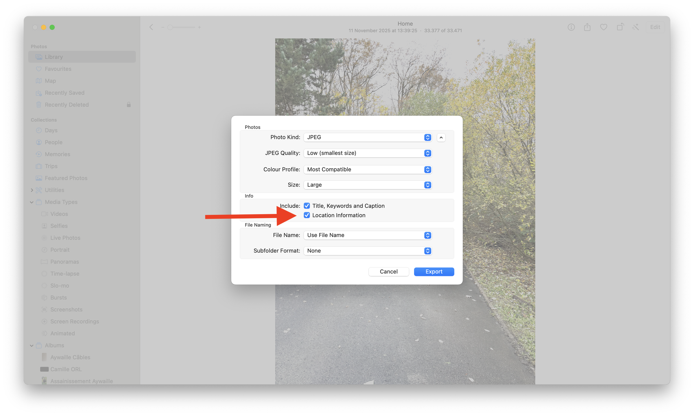 Capture d'écran - Export Photos Mac avec Location Information