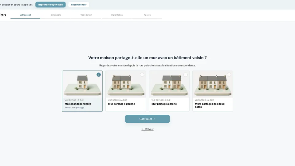 Éditeur de plans : choix de la situation de la maison (indépendante, mur partagé)