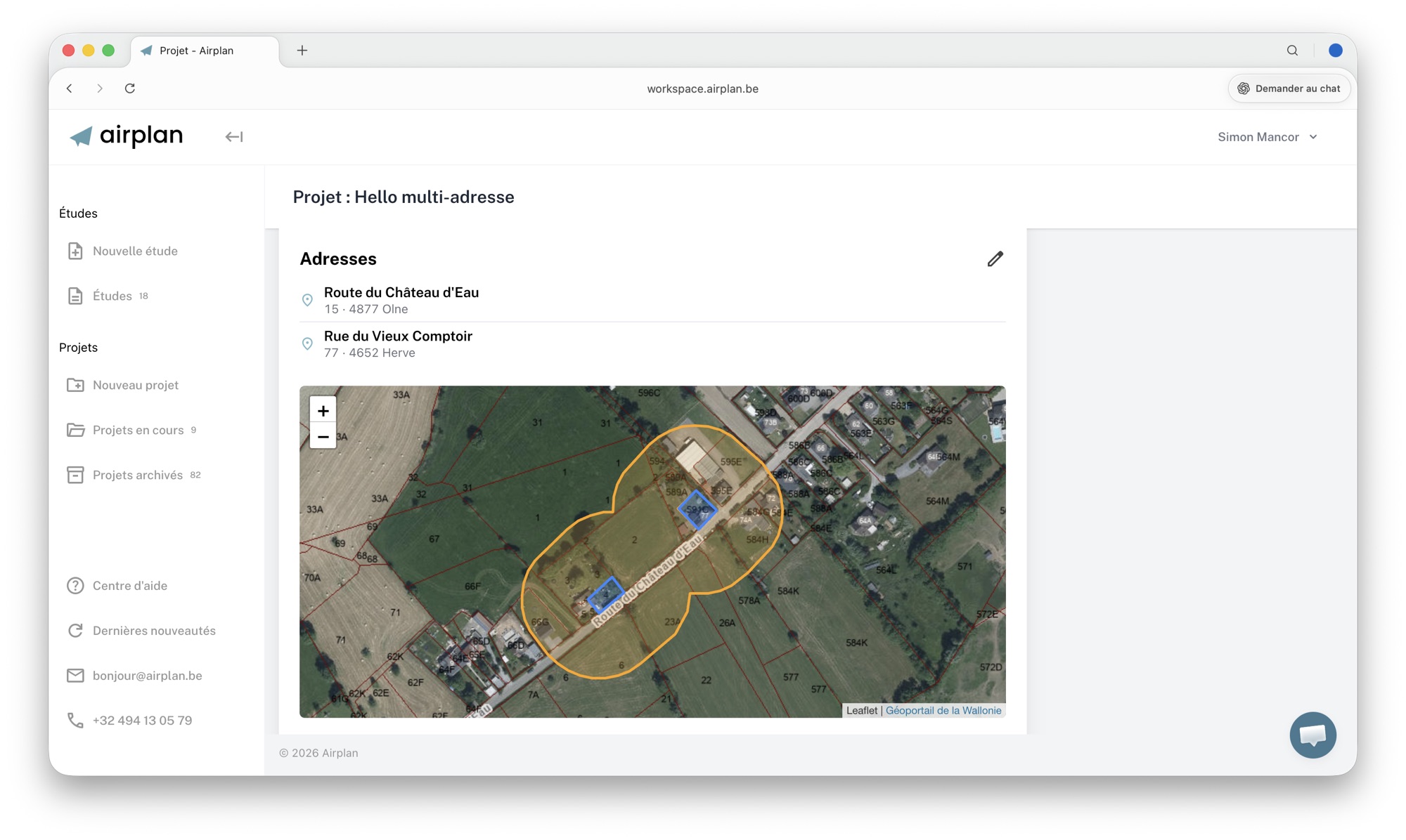 Interface Airplan — page projet avec la liste des adresses du projet et la carte des parcelles concernées