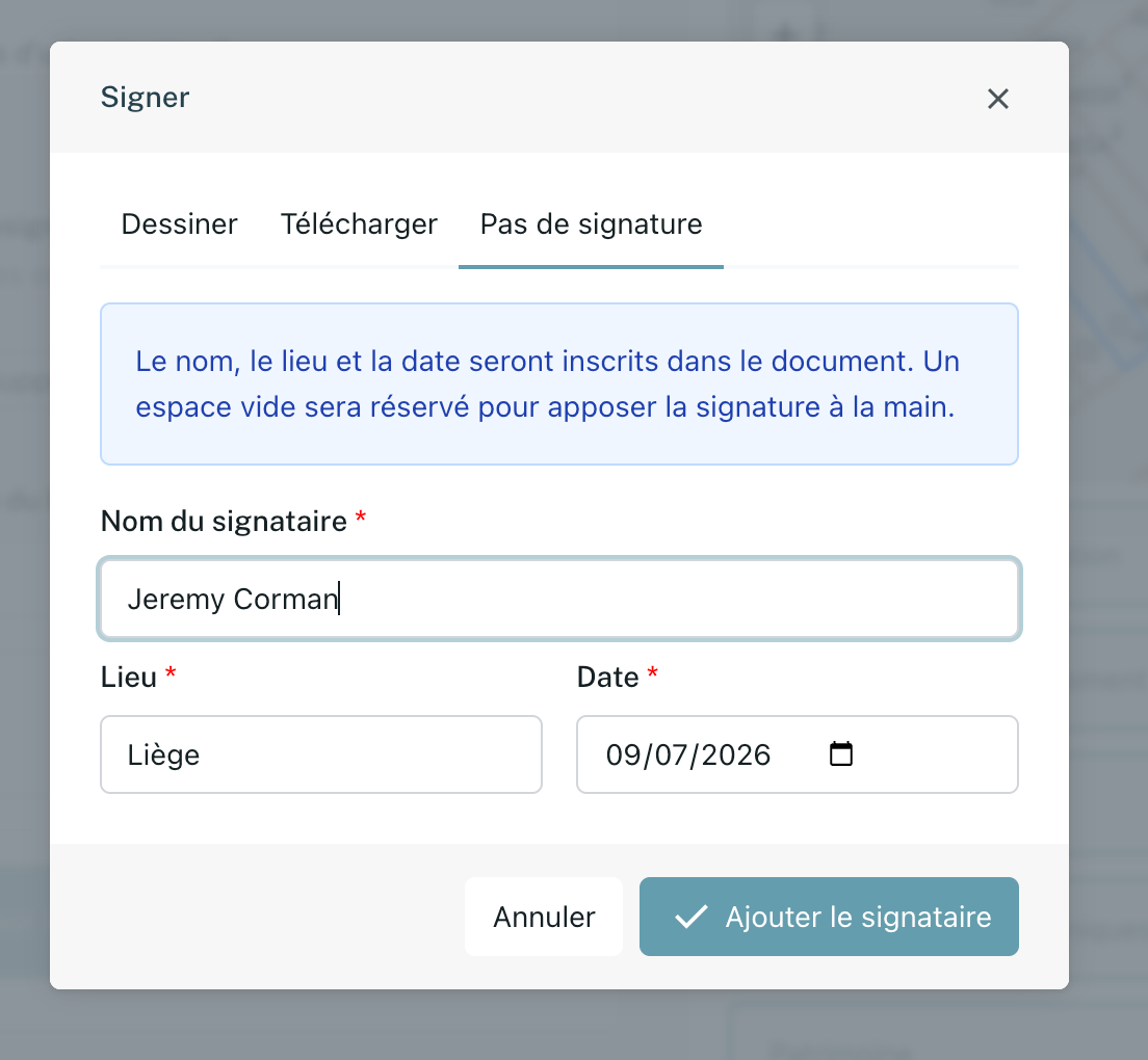 Panneau Signer d'Airplan — onglet « Pas de signature » avec les champs nom du signataire, lieu et date