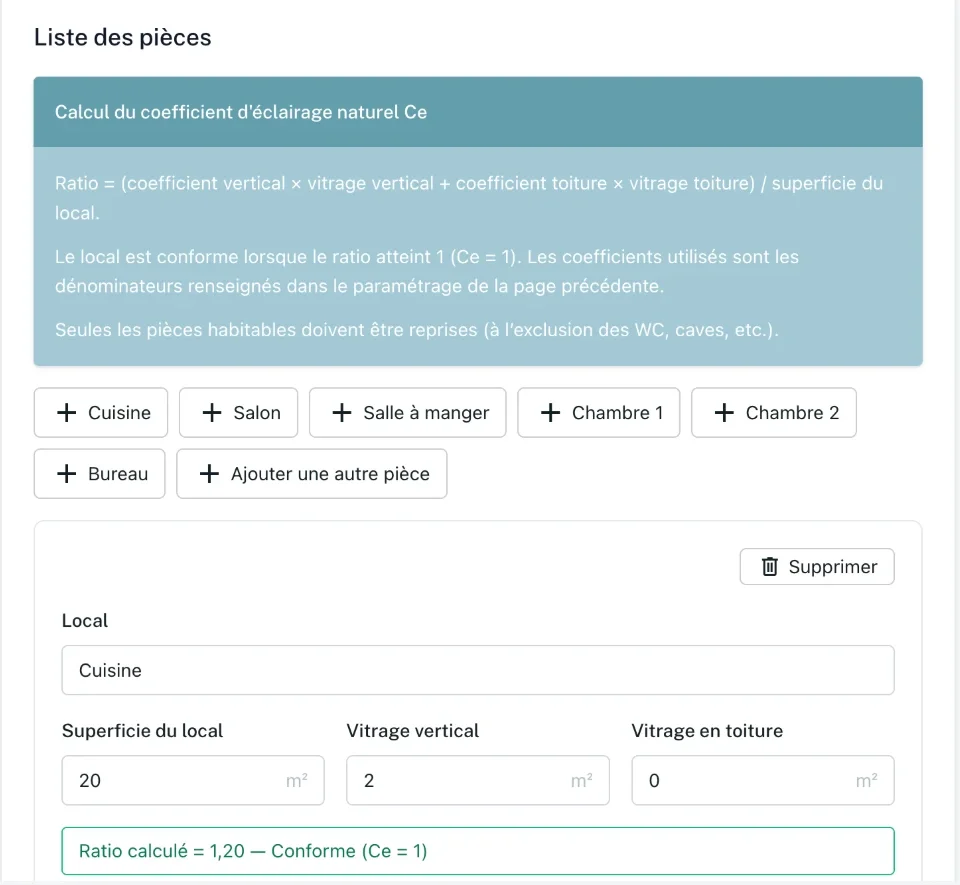 Note de calcul de l'éclairage naturel : liste des pièces et ratio calculé