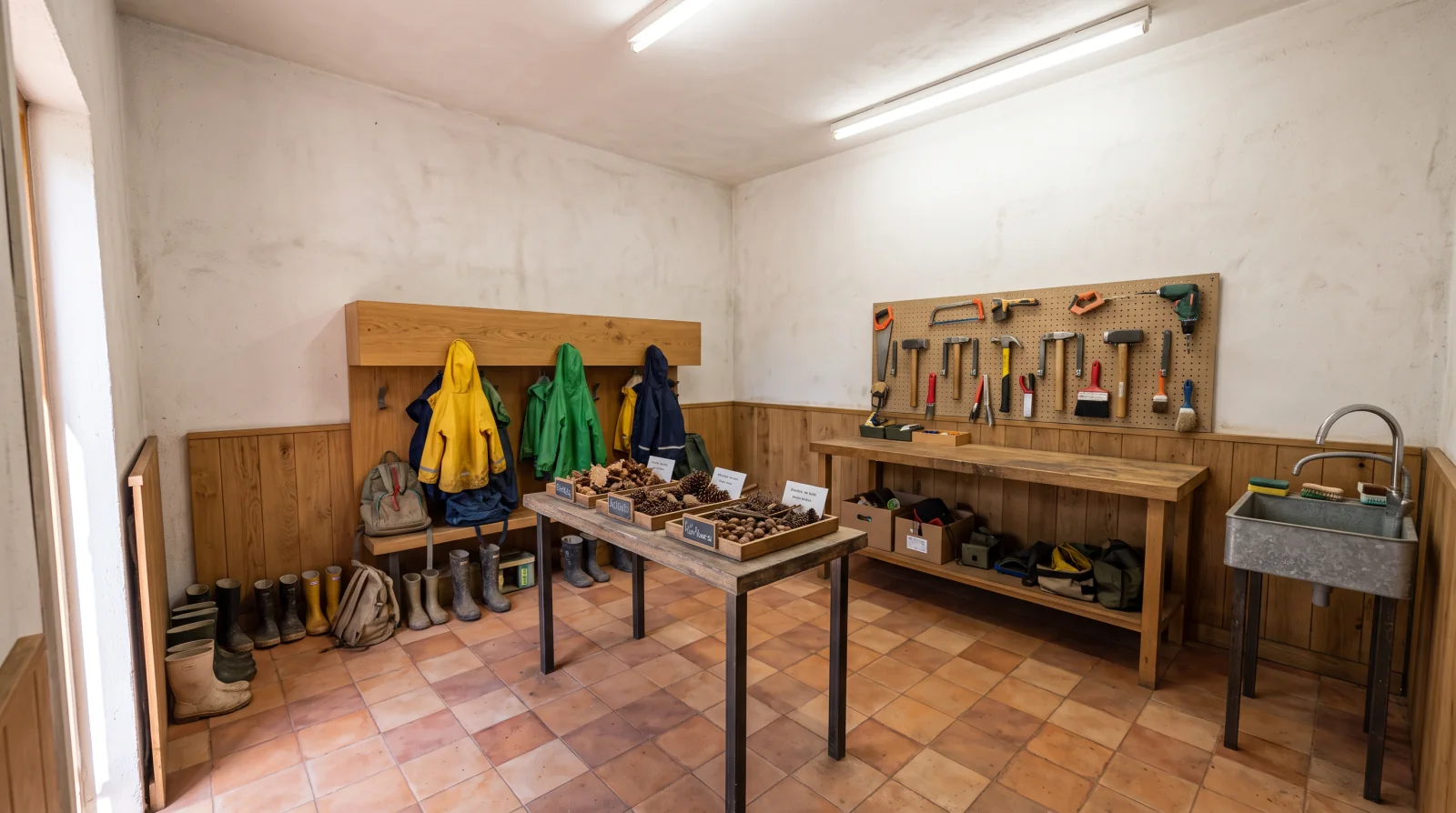 Image d'ambiance générée par IA. Vestiaire en bois avec cirés d'enfants et bottes, table centrale avec des bacs de pommes de pin, établi et panneau à outils, évier en métal.