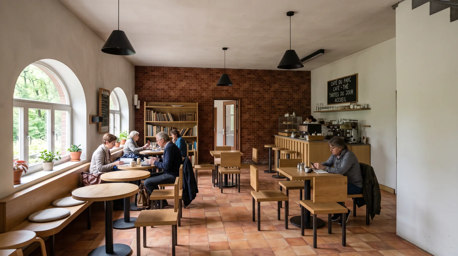 Image d'ambiance générée par IA. Café avec tables et chaises en chêne, banquette sous deux baies cintrées, bibliothèque contre un mur de brique, comptoir et ardoise au fond, suspensions noires.