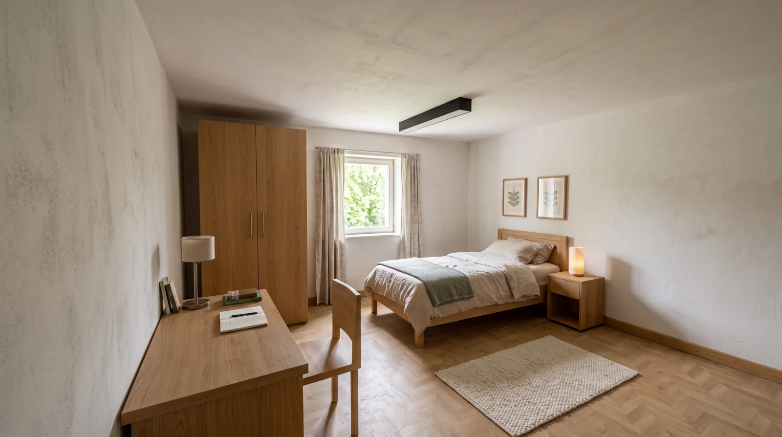 Image d'ambiance générée par IA. Chambre simple avec lit d'une personne, table de chevet, grande armoire en chêne, bureau avec lampe et fenêtre à rideaux donnant sur des arbres.