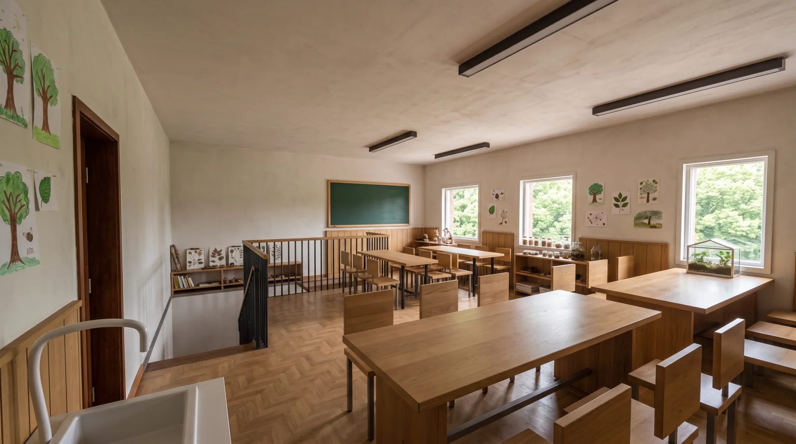 Image d'ambiance générée par IA. Salle de classe avec tables en chêne, trois fenêtres sur la droite, tableau vert au fond, garde-corps de la trémie d'escalier et dessins d'arbres aux murs.