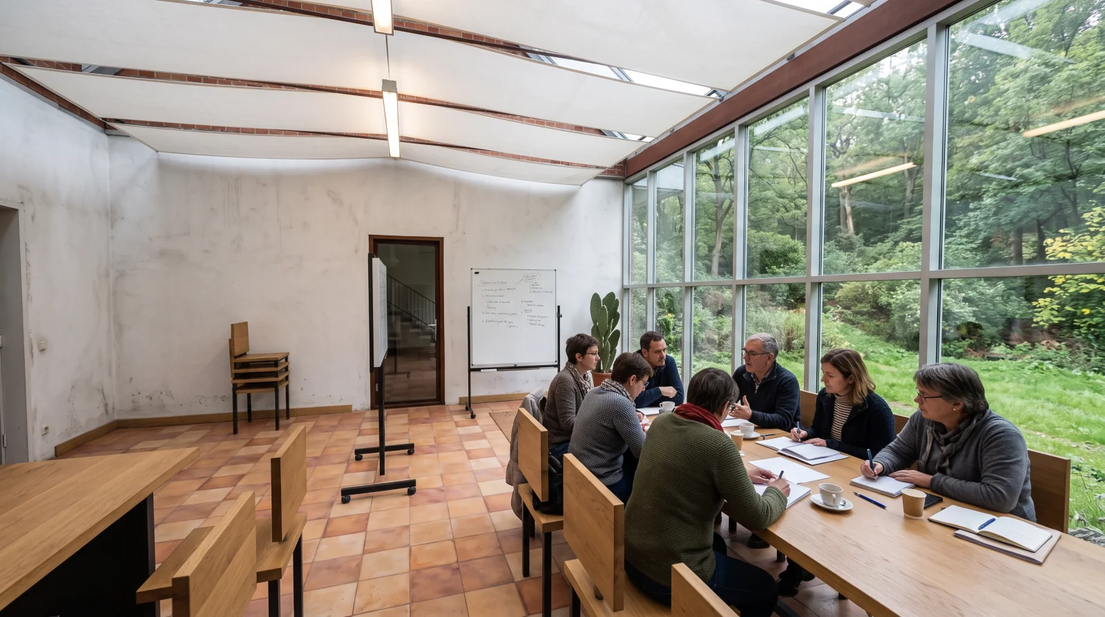 Image d'ambiance générée par IA. Salle sous verrière avec une longue façade vitrée à droite, deux tables en chêne, un groupe d'adultes en réunion, tableaux blancs et porte vers le café au fond.
