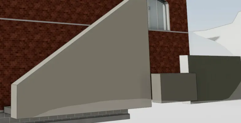 Détail du rendu de la version 5 : un escalier à mur d'échiffre contre le pignon nord-est.